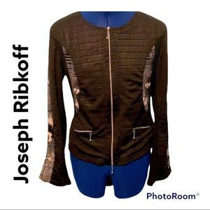 Vintage Sz 10 Joseph Ribkoff zip up black top. Newsprint pattern two pockets
